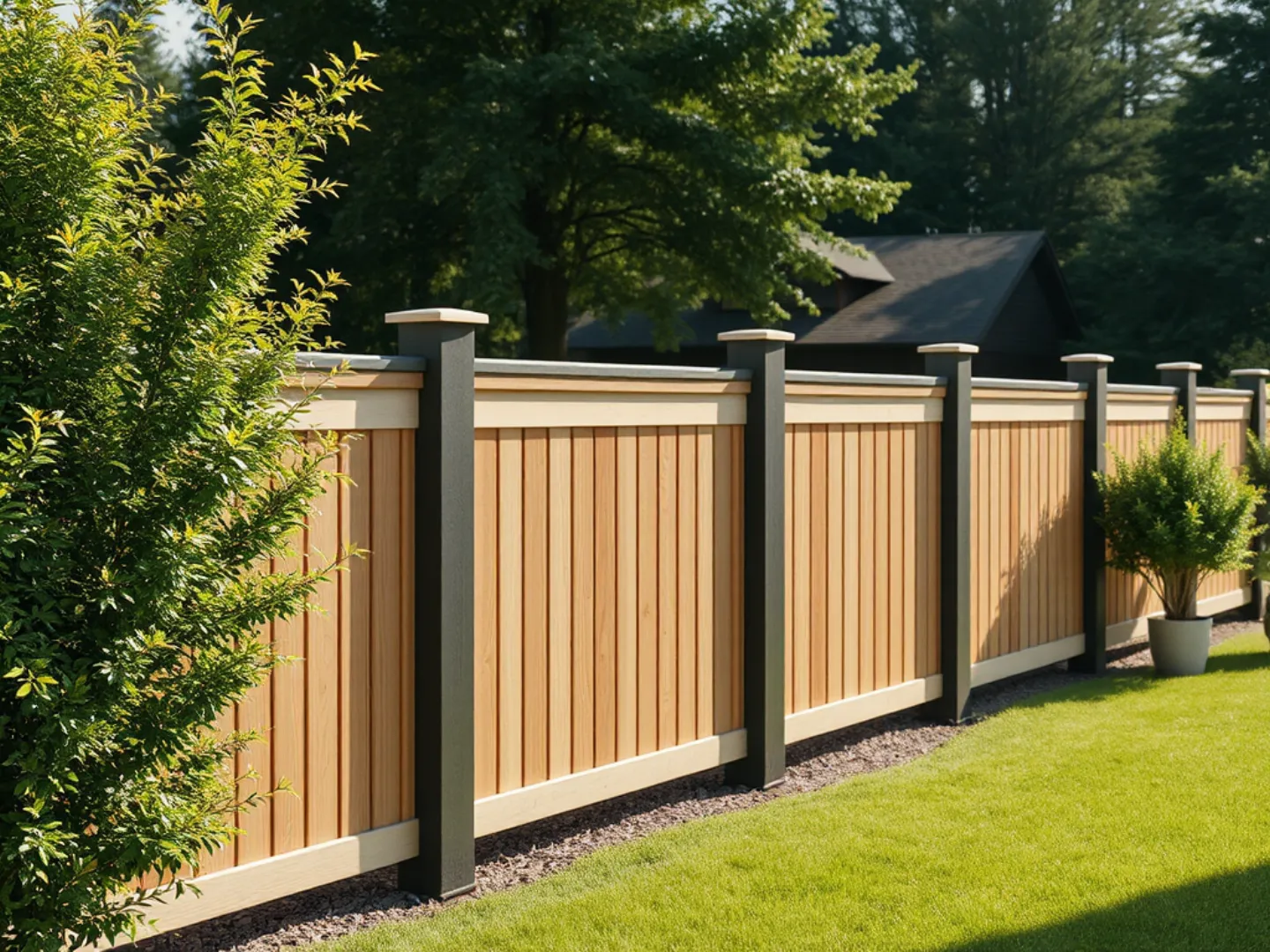 Modern fence backdrop with green foliage